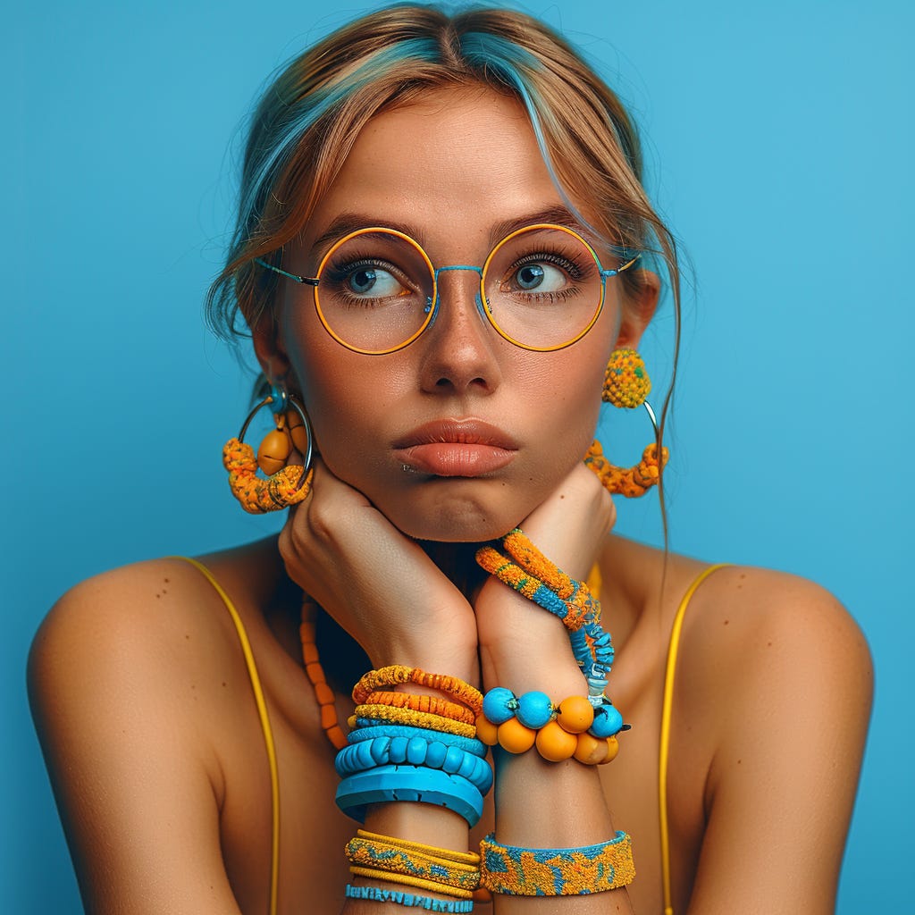 a woman thinking, a mysterious smile, looking at the camera, wearing eye glasses and accessories with contrasting vivid colors.