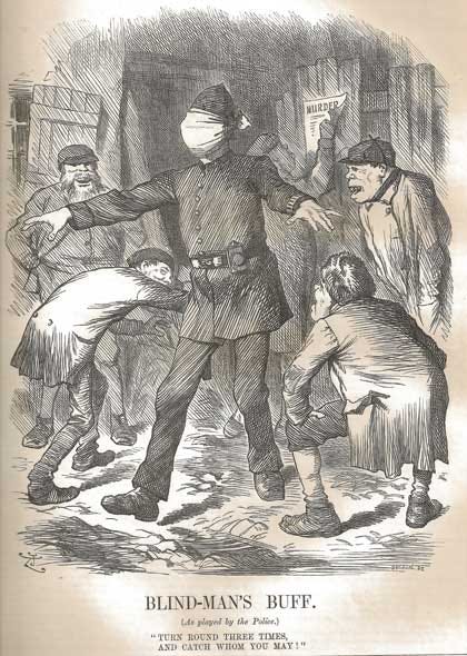 The Punch Cartoon Blind Mans Buff showing a blind-folded police officer being taunted by criminals.