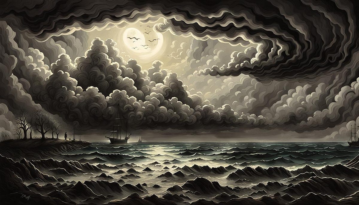 Art depiction storm at sea with clouds and waves