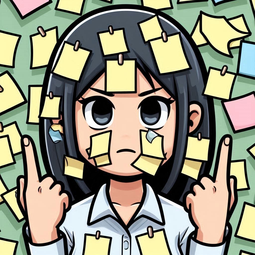 A cartoon of a person, with Post-It notes stuck all over their face
