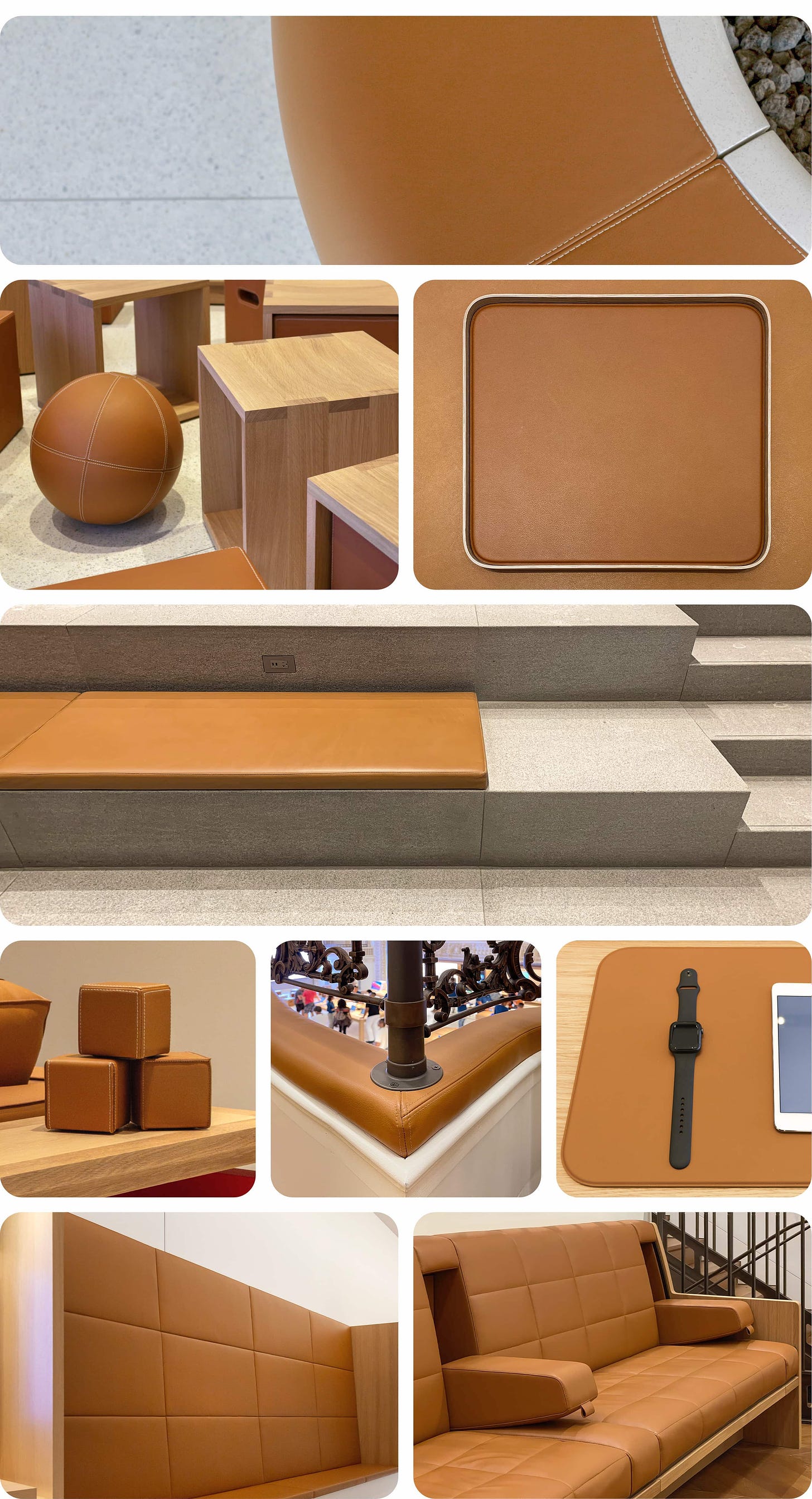 A collage of saddle brown leather fixtures found in Apple Stores.