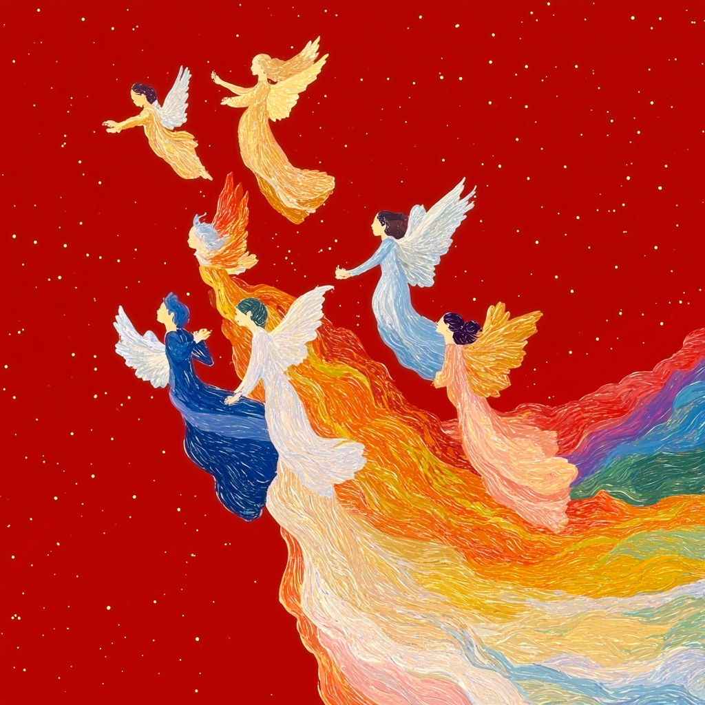 Vivid color illustration of angels flying and dancing