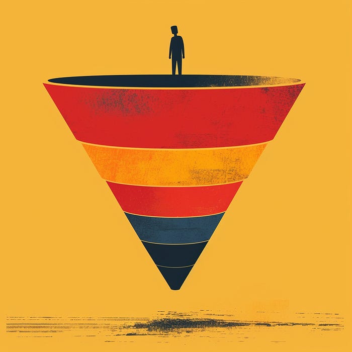 A man standing on the edge of a funnel looking down into it. There are 6 distinct levels and colors to it.