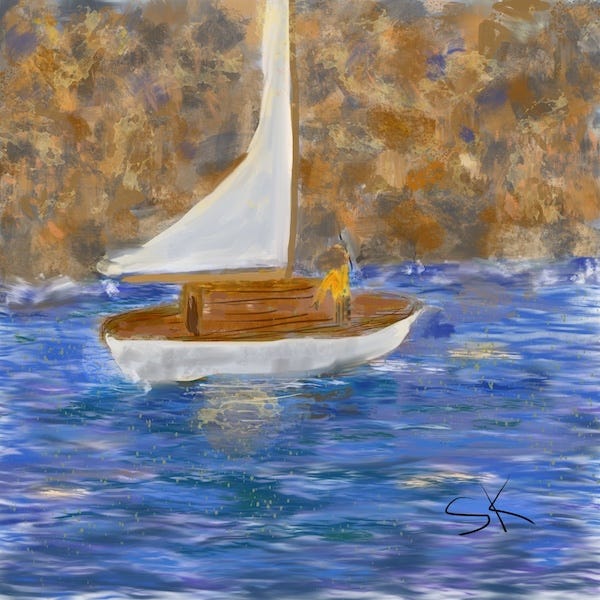 Painting of a small sailboat at rest in the ocean agaist high cliffs by Sherry Killam Arts.