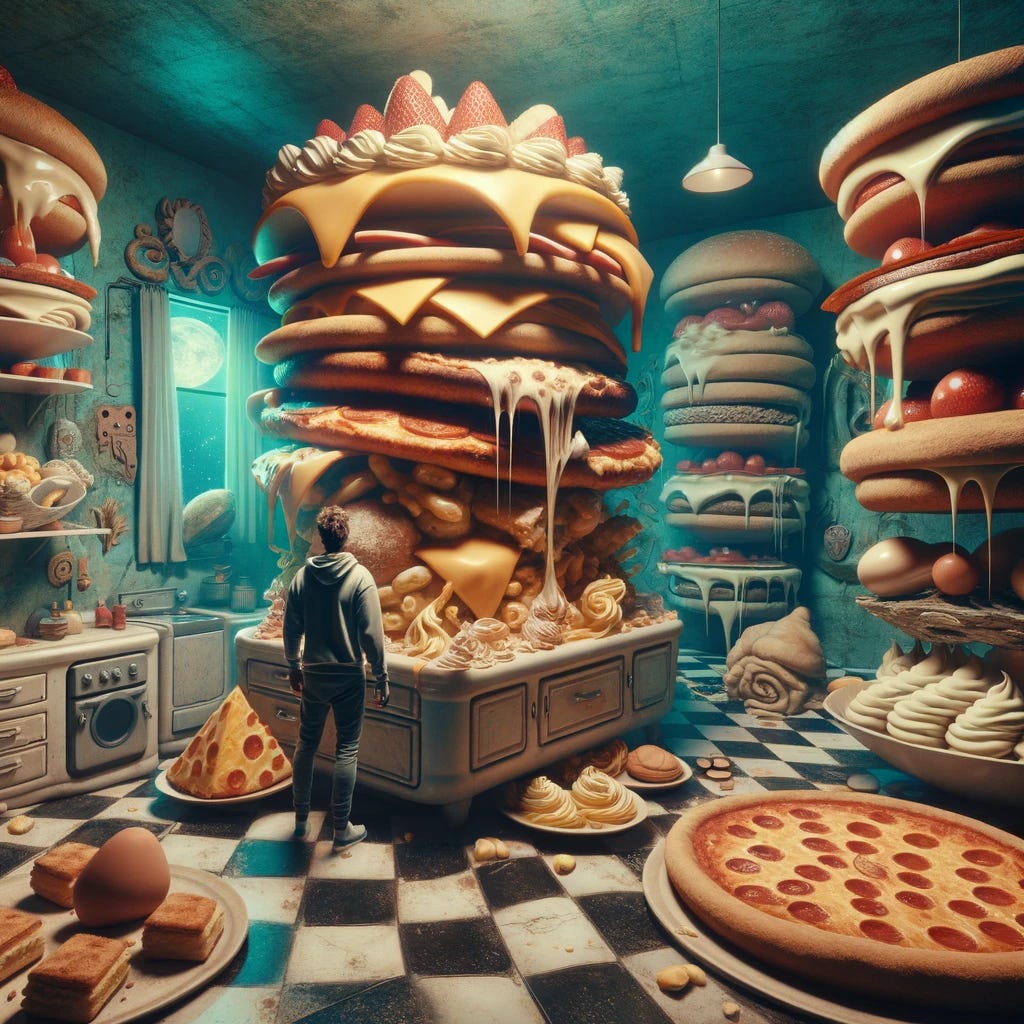 A surreal and slightly creepy scene showing a person in a bizarre, twisted kitchen, surrounded by oversized, impossibly structured food items that look both alluring and unsettling. The food items should be an odd mix of ingredients, like a cake made of pizza layers or a sandwich with ice cream and fish. The kitchen is dimly lit and has an eerie atmosphere, with distorted perspectives and strange, dream-like decorations, enhancing the surreal and creepy vibe.