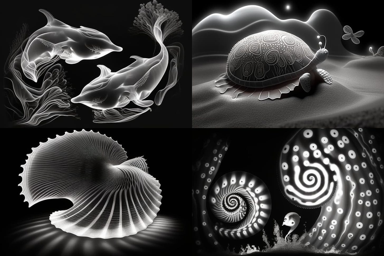 AI-generated images in black and white tones using a luminogram technique and emojis of a shell and wave. The "chaos" parameter has been added to return more variability to the image results.