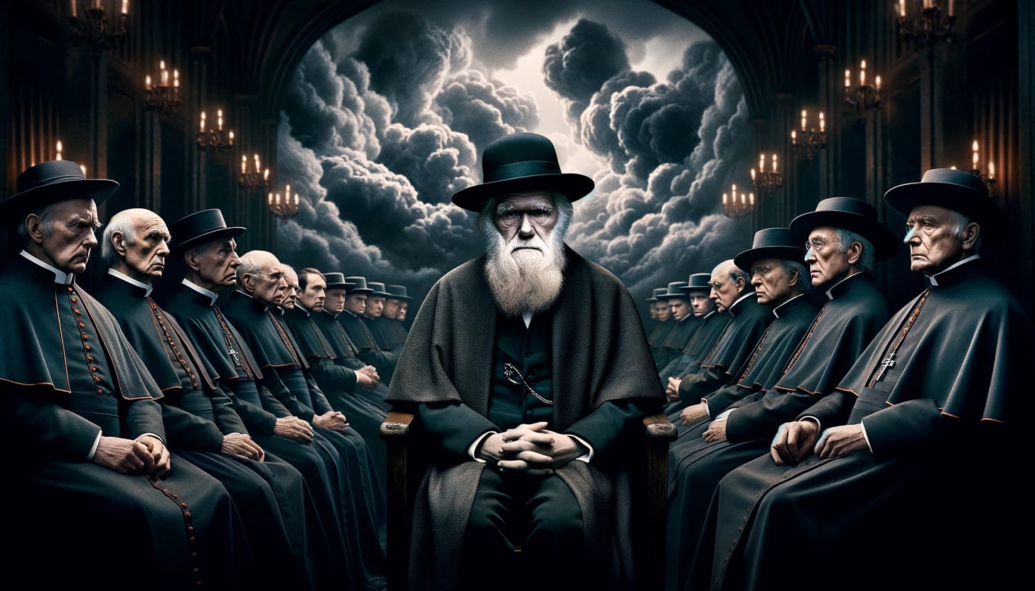 Charles Darwin surrounded by stern Catholic Inquisitors, set in a dramatic scene with dark, swirling clouds in the background. The Inquisitors wear traditional robes and hats, with serious expressions on their faces, while Darwin looks thoughtful and somewhat defiant. The scene is realistic, capturing the tension and gravity of the moment. The setting is reminiscent of a historical courtroom or tribunal, with a wide aspect ratio to emphasize the scale and drama of the scene.