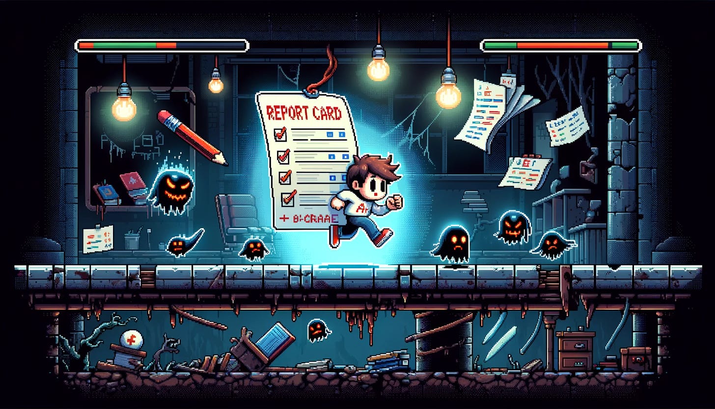 An 8-bit style 2D side-scroller horror game scene showing a character running and holding a graded report card. The background includes a dark, pixelated classroom setting with broken platforms, eerie obstacles, and floating haunted educational items like ghostly books and cursed pencils. The character, in classic 8-bit pixel art, runs along a path with the report card, which has a large 'A+' grade on it, glowing with a bright light effect. There are AI-based cheating enemies, like floating holographic cheat sheets, glitched-out calculators with sinister faces, and corrupted digital avatars holding red pens. Flickering lights and creepy shadows add to the horror atmosphere. The style should evoke classic side-scrolling horror games but with unique characters and explicit AI-themed elements representing cheating in assessment tasks.
