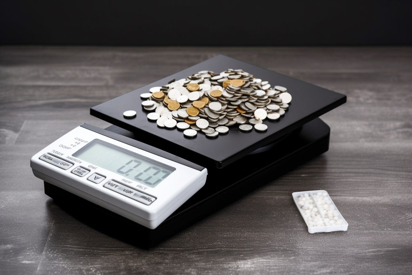 a pile of coins on a weighing scale, but the weight is zero