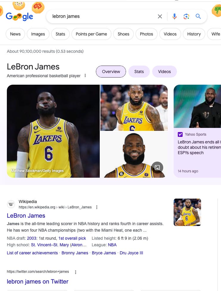 A screenshot of a Google search for LeBron James