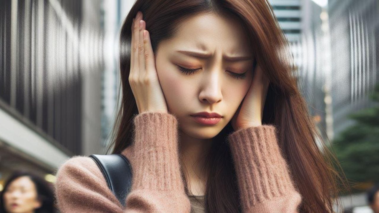 young woman in city feeling stressed from noise - AI image - DALL*E/Bing