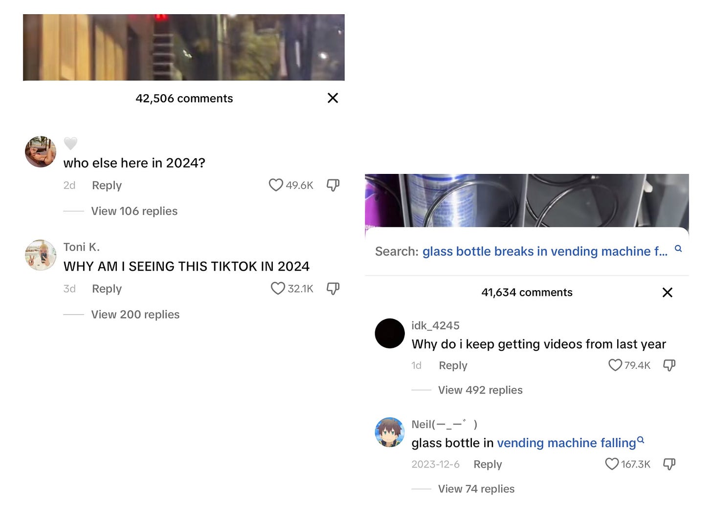Comments on TikToks from 2023 saying "Who else is here in 2024" and "why do i keep getting videos from last year"