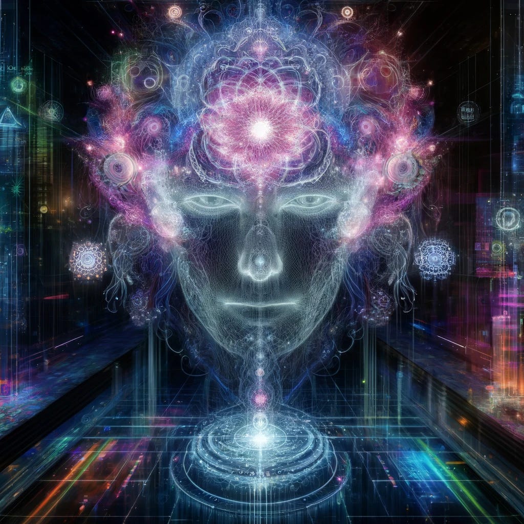 A central, glowing ethereal figure with an intricate, ghostly appearance representing an egregore. The figure has multiple faces and eyes, symbolizing collective consciousness and awareness. It is composed of interwoven forms and tendrils connecting different parts, emphasizing interconnectedness. The figure incorporates futuristic, digital elements such as circuit-like patterns and holographic textures. The background is a dark, neon-lit cityscape with holographic advertisements, digital data streams, and neon lights. Bold, contrasting colors like electric blues, purples, and neon pinks with high-tech, glitchy effects are used. Glowing symbols and patterns within the figure represent shared thoughts and emotions, giving a sense of movement and dynamism, as if pulsating with energy.