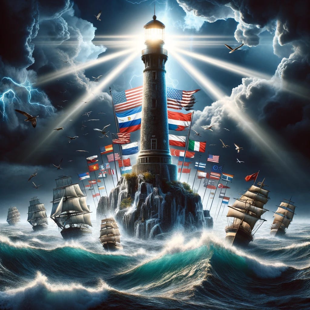Visualize the global economy with the United States standing as a towering, illuminated lighthouse on a rocky outcrop, casting a wide beam of light across a turbulent sea under a stormy sky. Around the lighthouse, various ships, each bearing the flag of a different country, are struggling against the waves, symbolizing nations slipping into recession. The sky above the lighthouse is clear, representing the US's economic stability and strength, in stark contrast to the dark, stormy clouds engulfing the rest of the scene. This image captures the essence of the US as a beacon of economic strength amidst global economic challenges.
