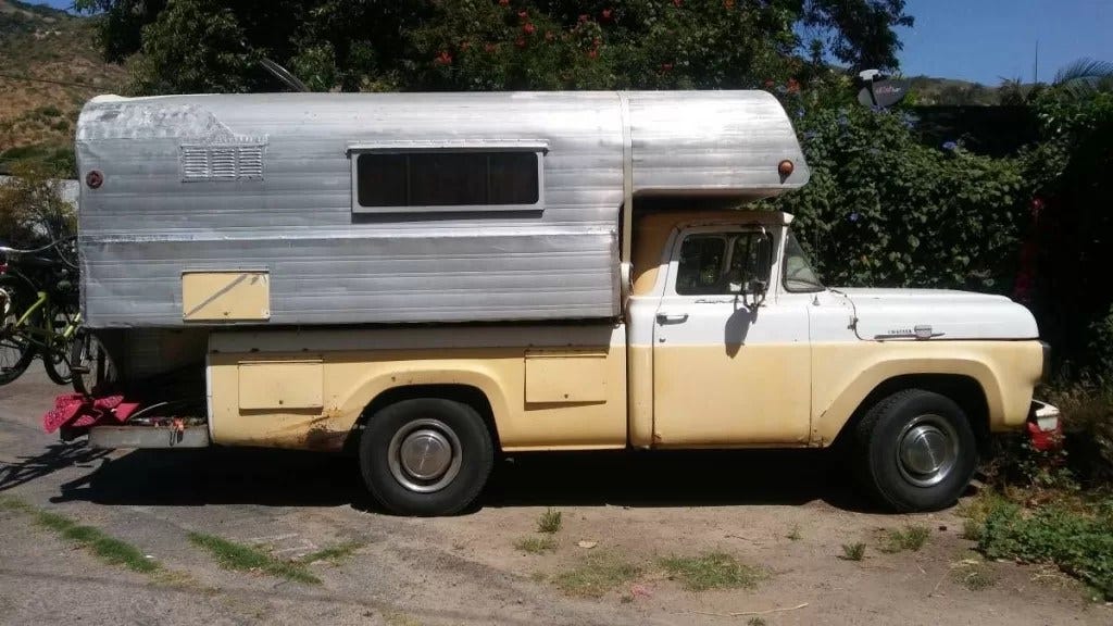 A picture of the Sport King truck camper. This helps us understand these Steinbeck travels.