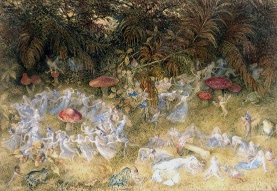 Gossamer fairies dancing around toadstools.  Victorian.  Artist is Richard Doyle.