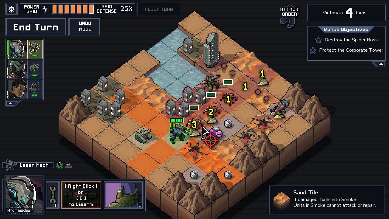 A screenshot of an Into the Breach desert-themed map