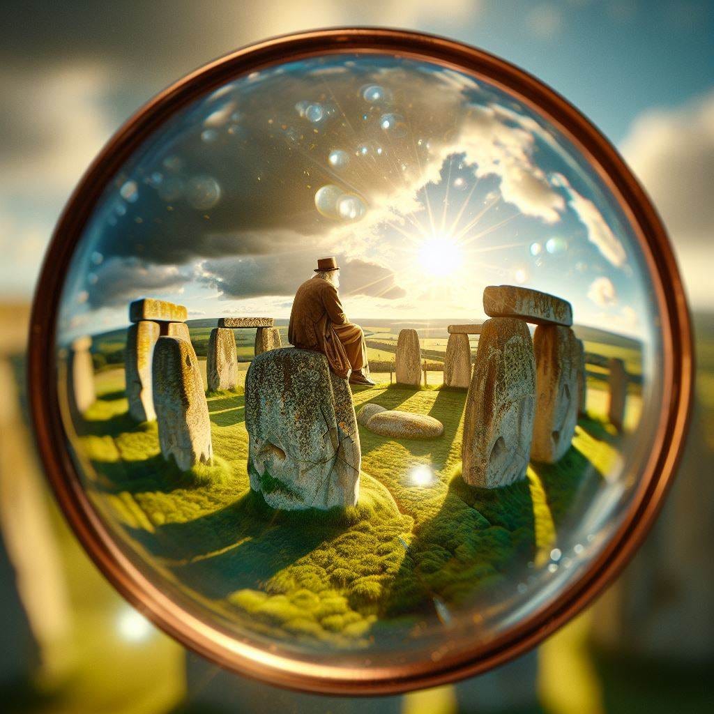 Hyper realistic; Close up; lensbaby heroic middle aged man sitting atop the Stonehenge Megaliths: Utilized Sarsen and Bluestone. Border green moss, and reflecting water. vast distance. sunny made of copper.Ethereal. Luminescent 