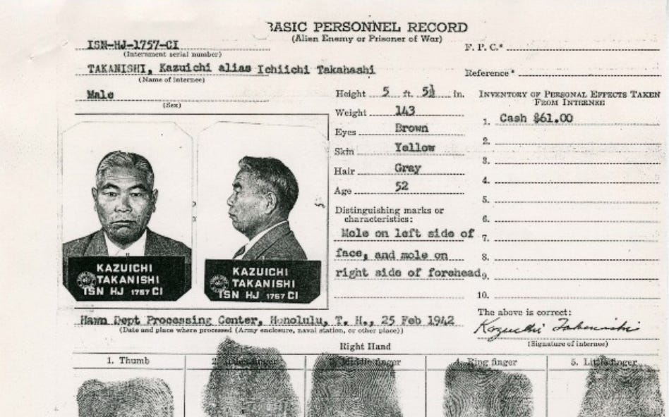 An "alien enemy" personnel record used by the U.S. government to document the arrest of a Japanese-American in 1942. With mug shots and fingerprints.