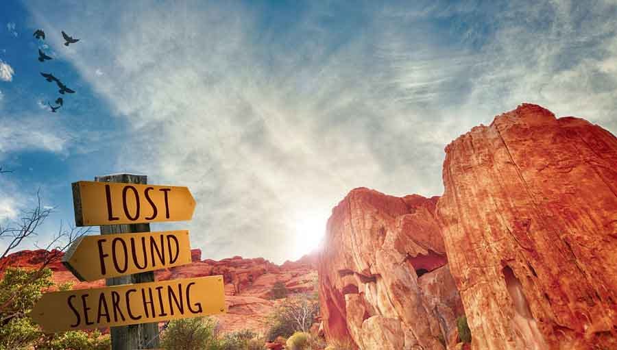 signpost in the desert saying lost found searching