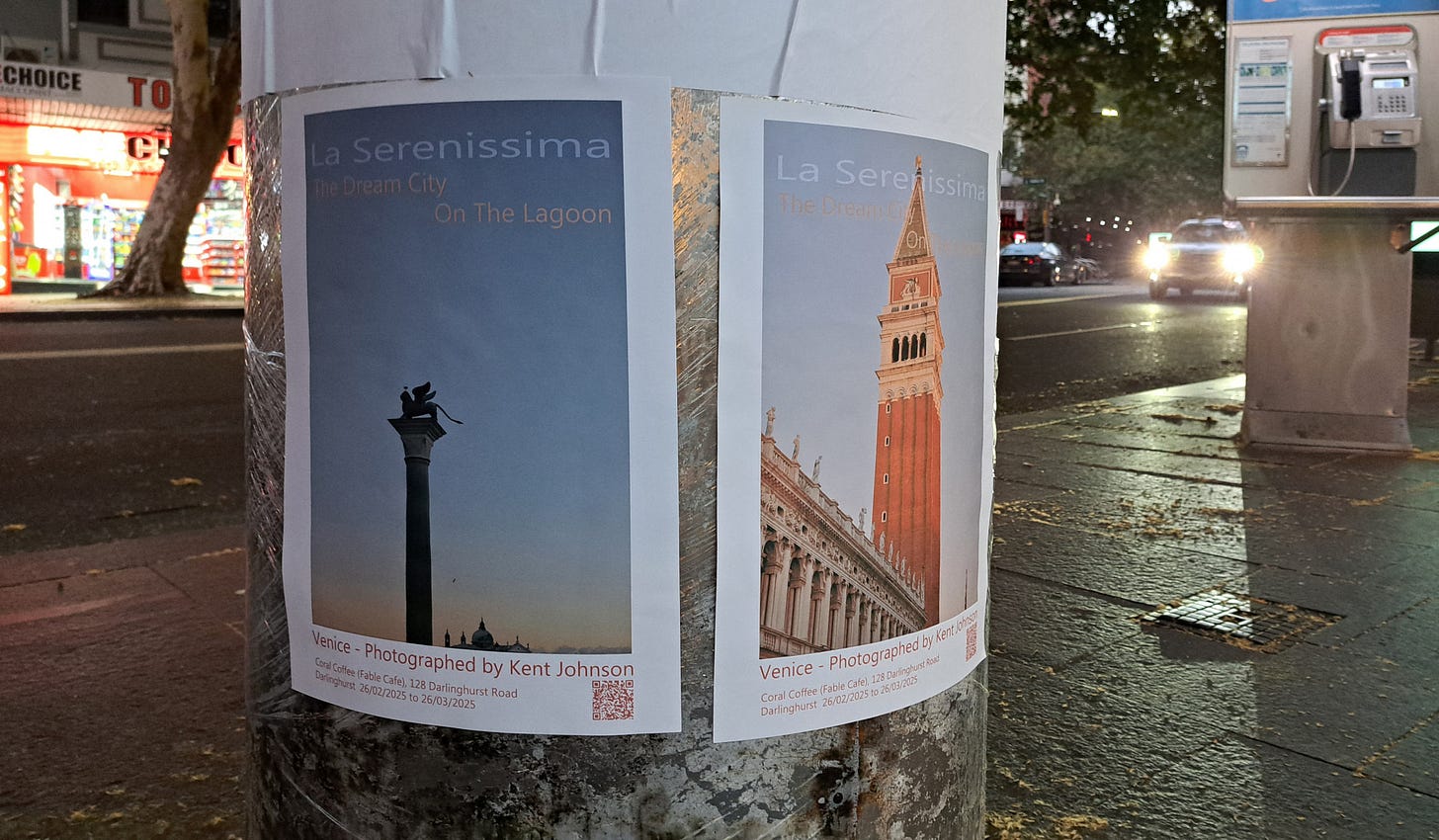 Posters on dispaly on Bayswater road, Kings Cross, Sydney, for La Serenissima - Impressions of Venice