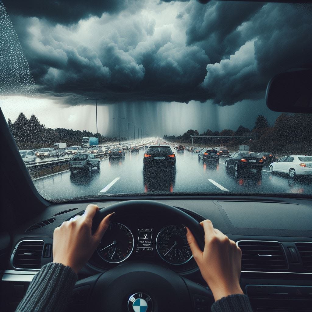 Stormy skies on highway. Image by Bing.