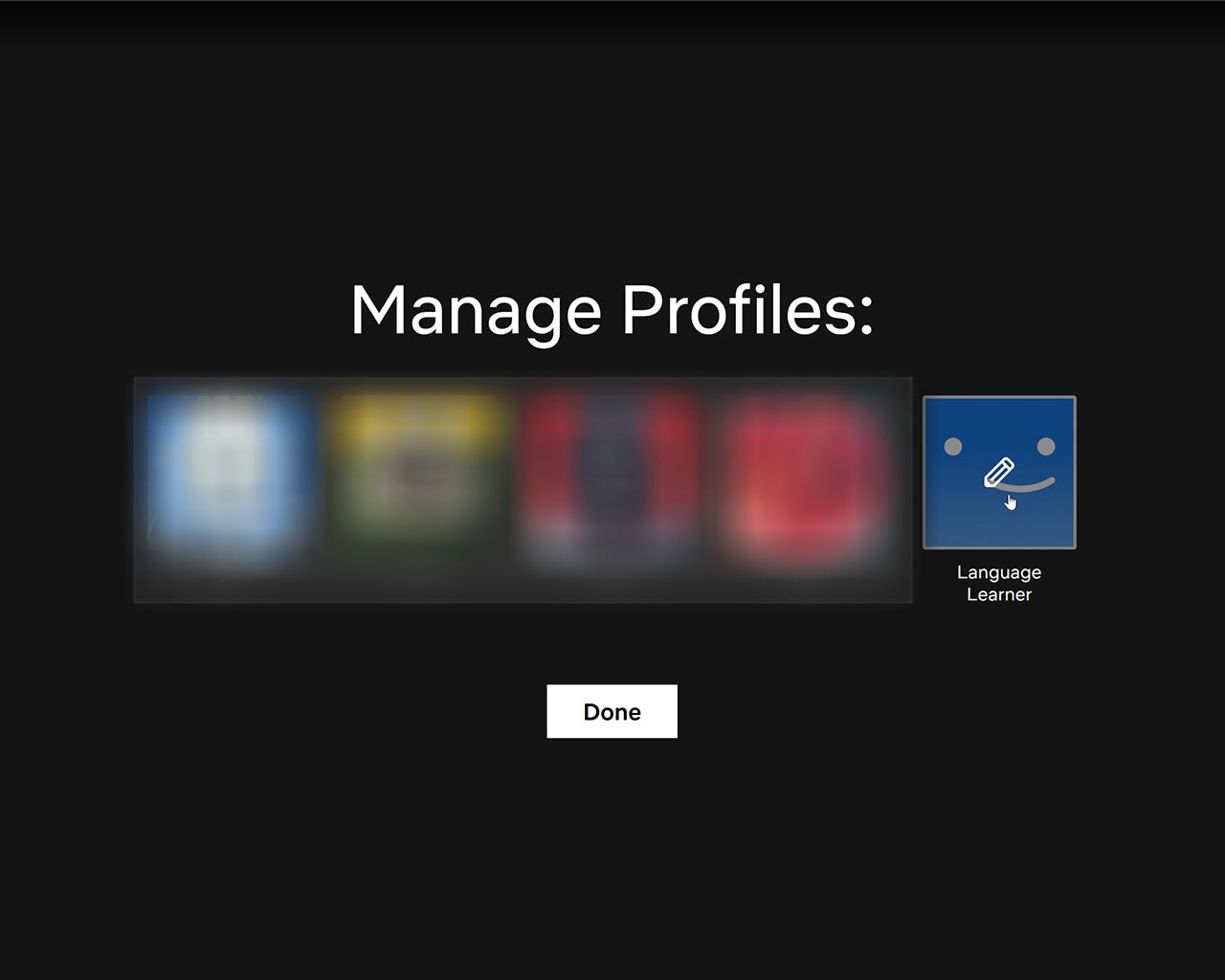 Netflix "Manage Profiles" page showing the mouse cursor hovering over the newly-added profile avatar, and a Done button below the row of profile avatars.