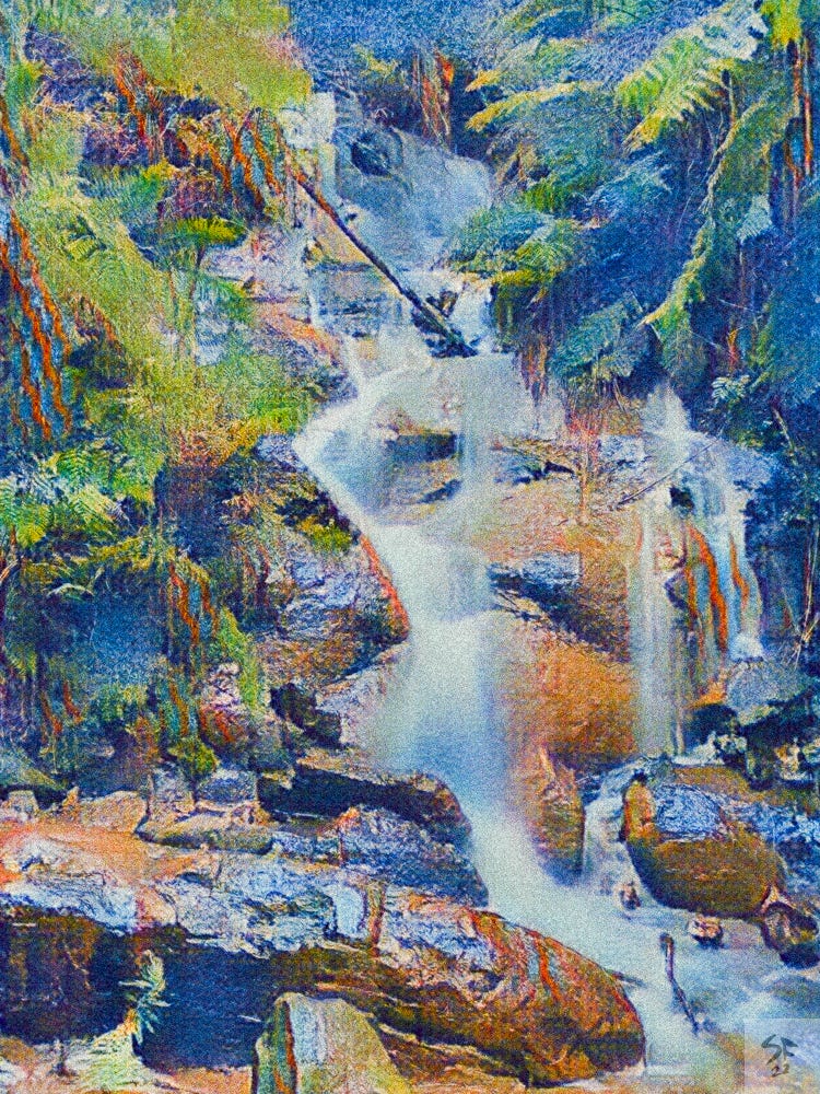 Digital 'soft pastel' sketch of a small waterfall over brown stones amidst ferns and grass