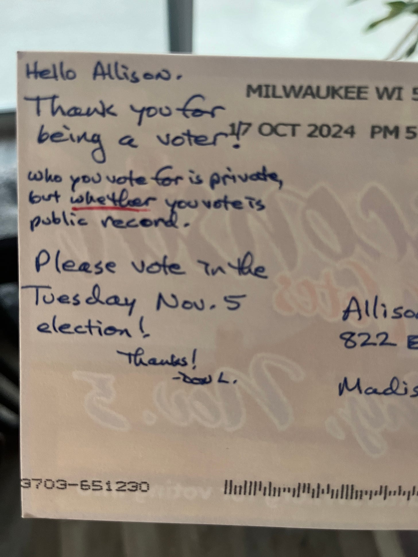 Postcard reading "thank you for being a voter. Who you vote for is private, but *whether* you vote is public record"