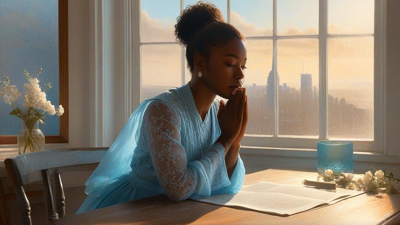 digital painting of a young Black woman in a sunlit room seated at a wooden table with faint floral etchings, her hands clasped in prayer, head tilted toward a frosted window revealing a dawn-lit cityscape beyond. Lisa Tourné's ethereal realism, soft focus on face, warm sepia tones blending to cool azure twilight, 8K textural detail.