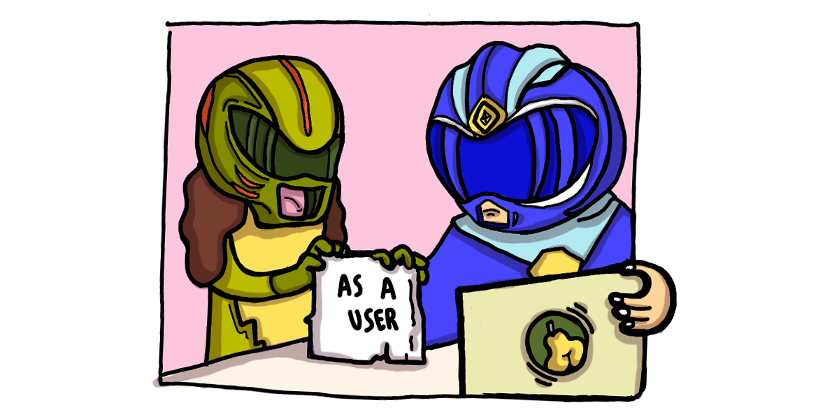 Two characters wearing power rangers costumes, with an open laptop in front of them and a sign “as a user”