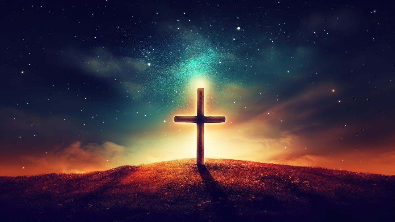 A cross on a hill in front of a star filled sky.