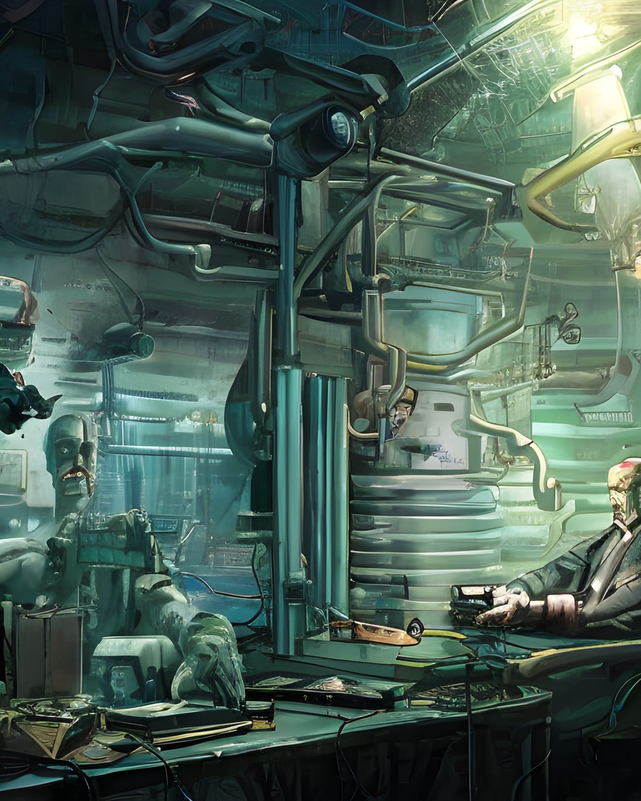 A cyberpunk image of Dr. Frankenstein and his Machine, drawn by StarryAI