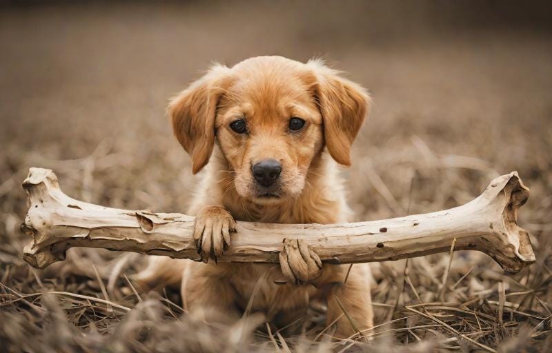 puppy carrying bone-shaped stick in weirdly shriveled paws