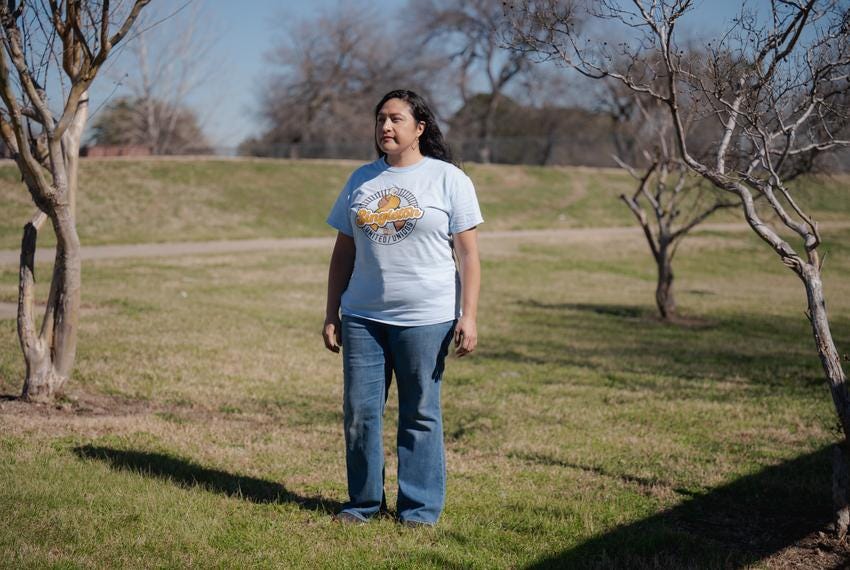 DALLAS, TX - JANUARY 30, 2024: Janie Cisneros, 41, director of Singleton United/ UNIDOS, poses for a portrait at Fish Trap Lake Park in Dallas, Texas on Tuesday, Jan. 30, 2024. The city of Dallas and local community leaders partnered with the EPA on the Cumulative Impacts Assessment Pilots Project, which focuses on the cumulative impacts from concrete batch plants. CREDIT: Desiree Rios for The Texas Tribune