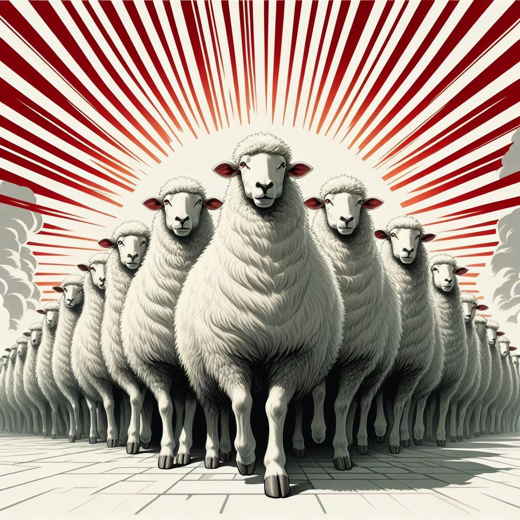 A herd of white sheep stand together proudly, rays of sun behind them. Soviet style art.