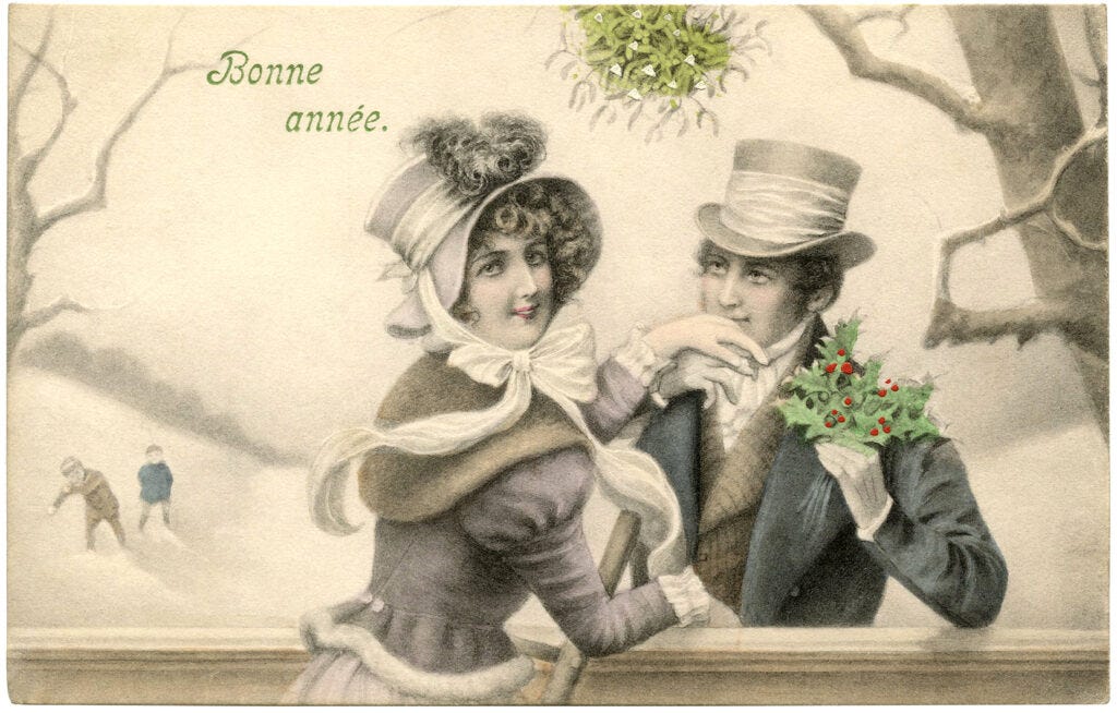mistletoe vintage couple illustration