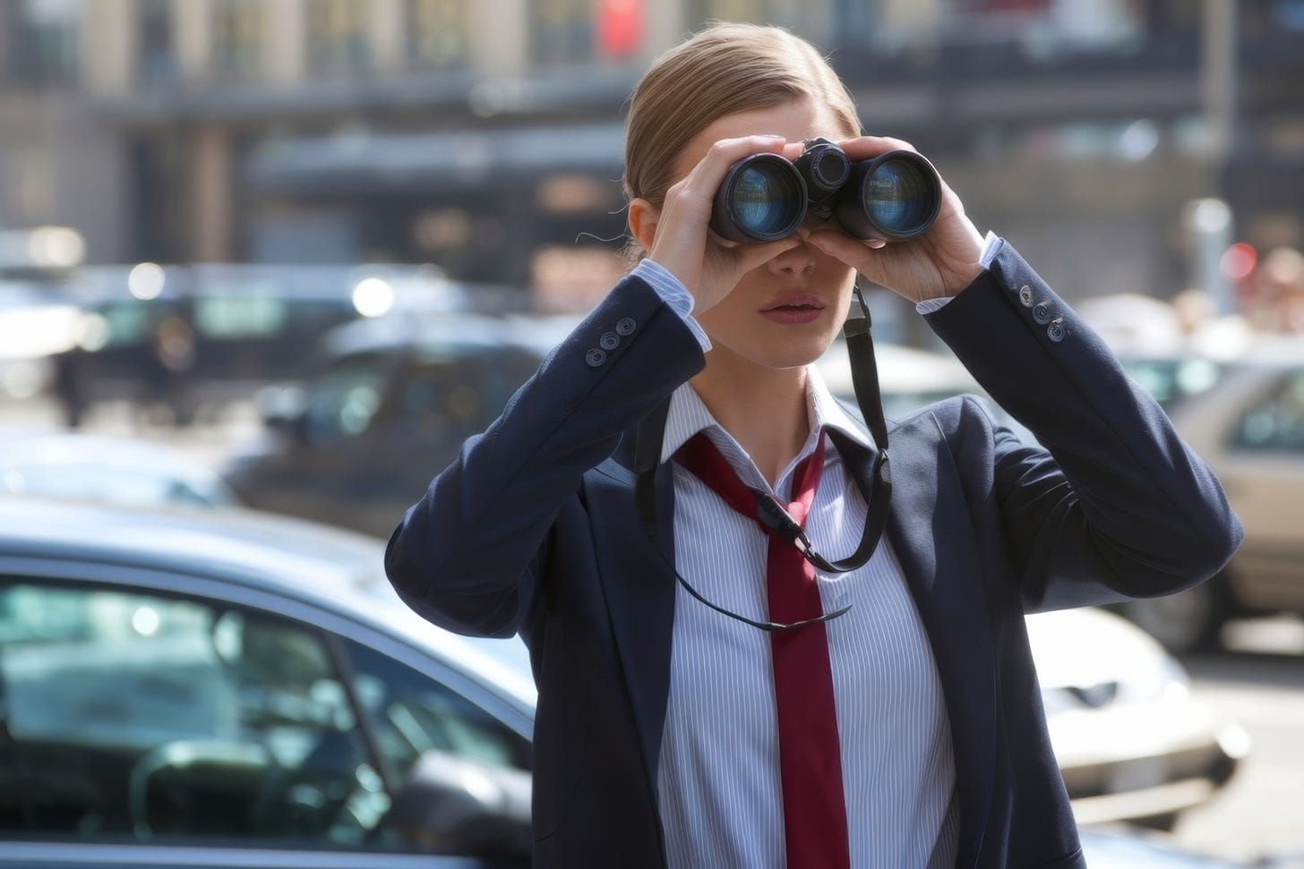 Young woman looking through binoculars.