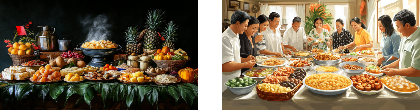 Two scenes celebrating food and tradition: the left showcases a beautifully arranged table filled with a variety of tropical fruits, steamed dishes, and decorative elements, evoking a sense of abundance and festivity. The right depicts a joyful group of people gathered around a table, preparing and sharing an array of traditional dishes, capturing the warmth of communal cooking and family togetherness.