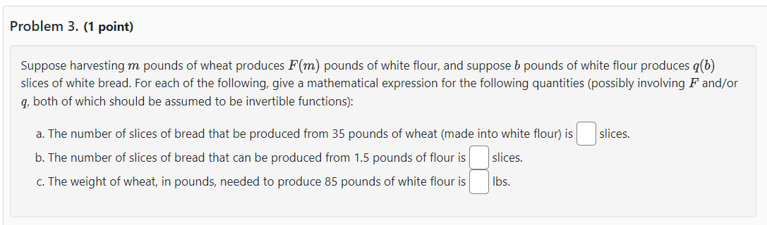 A three-part question asking students to write formulas involving two functions and their inverses.