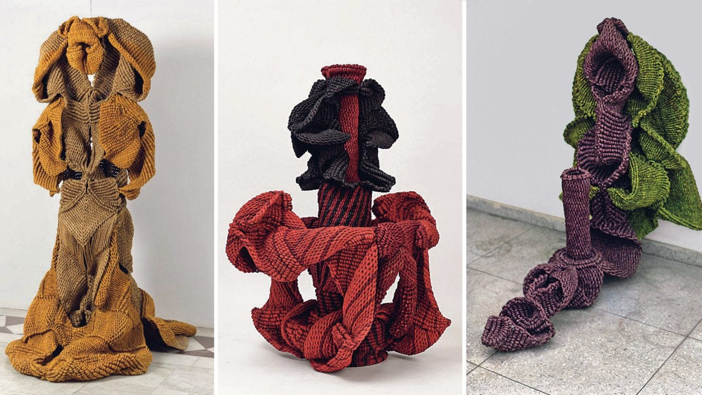 Three images of Mrinalini Mukherjee's hemp fibre sculptures