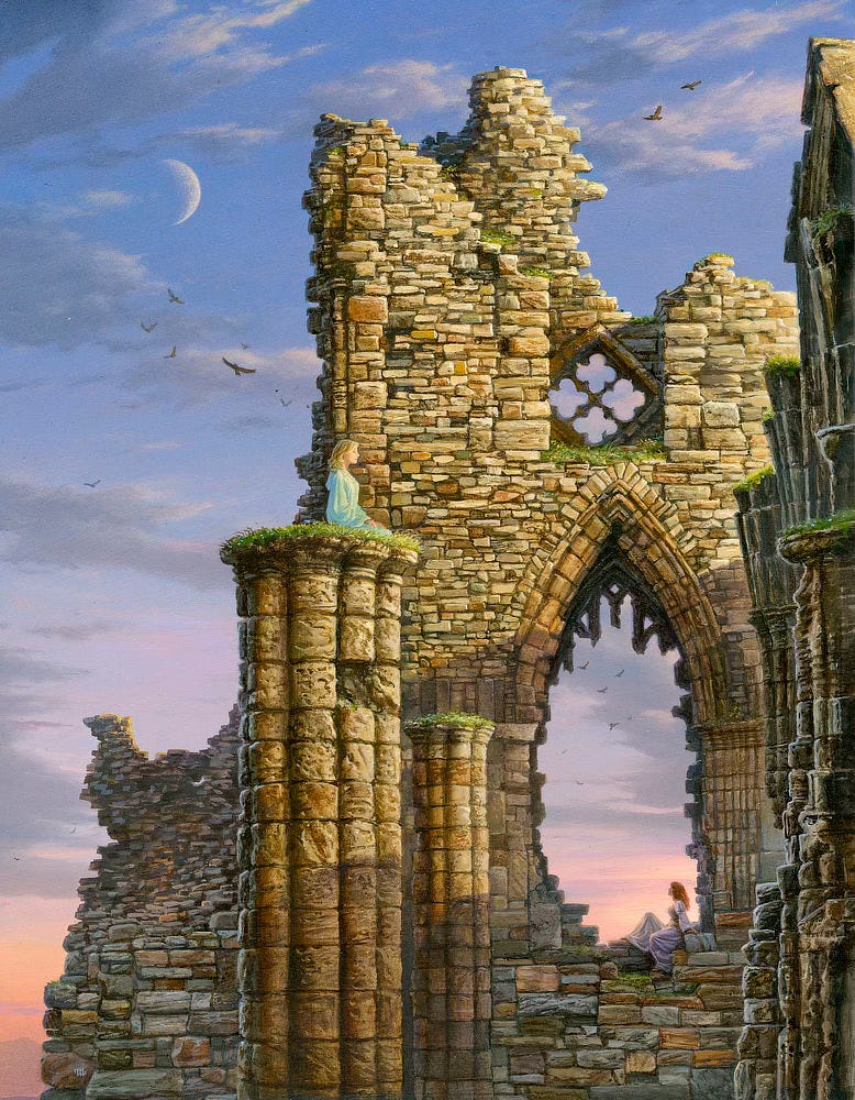 Two women inhabit the ruins of an ancient abbey offering a contrast in contemplation. Atop a high pillar, one kneels with palms resting on her thighs and eyes closed in meditation while the other sits below leaning back at the base of a massive arched window bay now open to the sky. One knee is raised and her gaze is turned up and out of the ruins. The colors framed there are vivid traces of morning light, pink and purple traces lit warm but sunrise. A fat crescent moon lingers high left as seen past the broken wall of the ruins. Birds swoop and glide past light cloud cover.