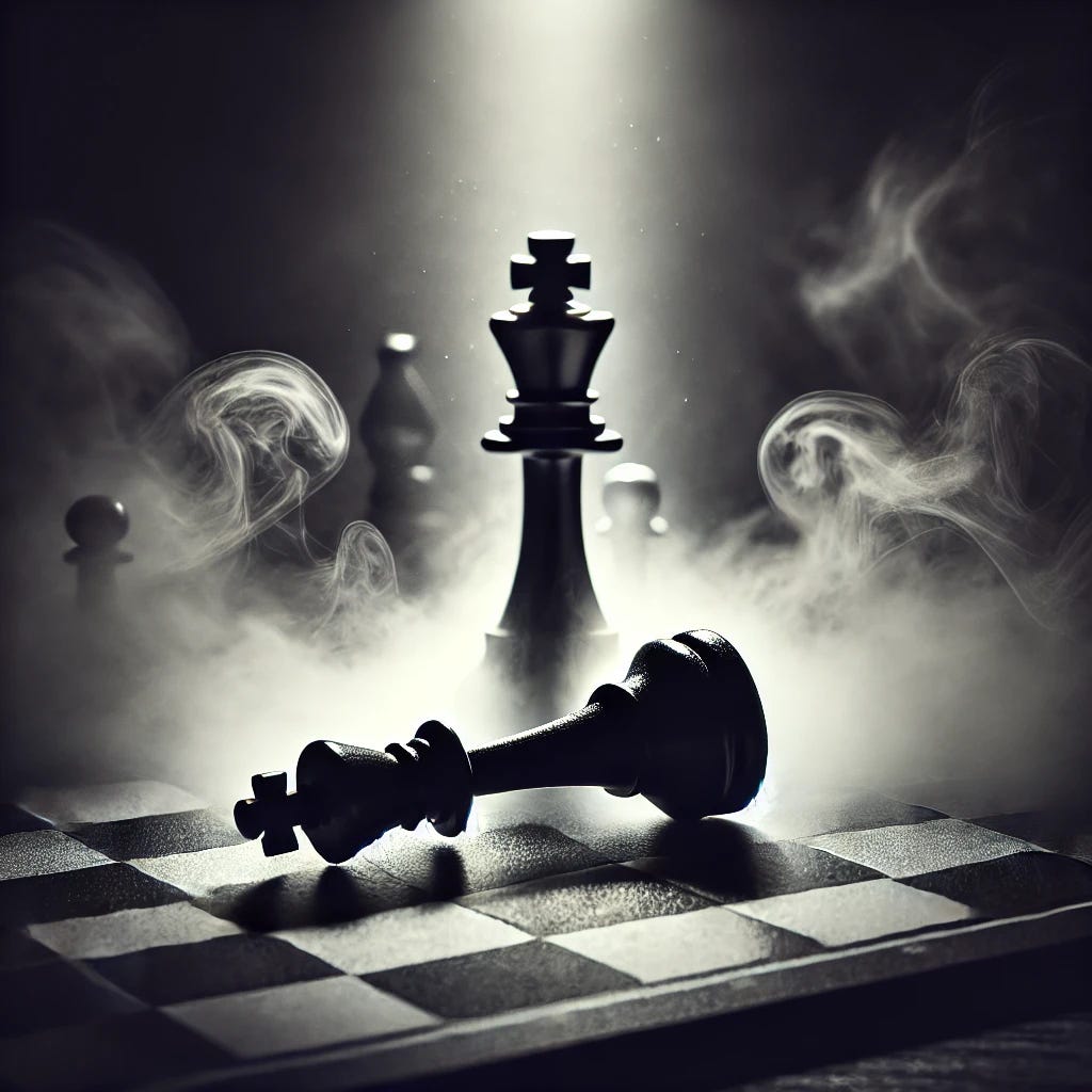 A black and white chessboard with a single fallen king piece, illuminated by soft light. The scene is moody and shadowy, symbolizing strategy, consequence, and finality.