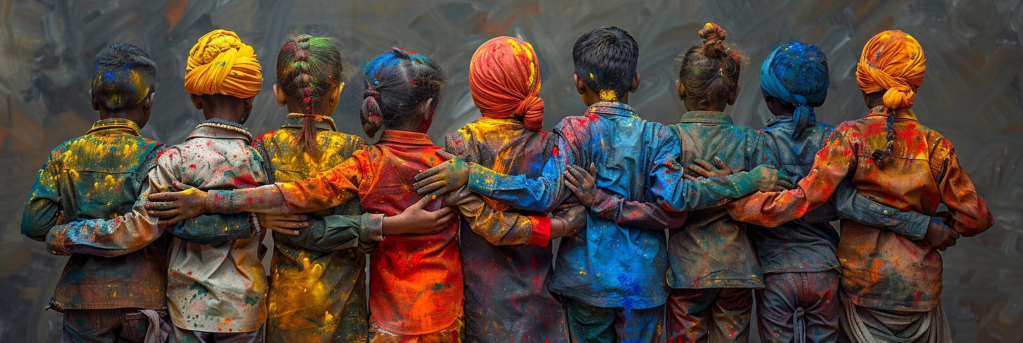 A touching scene from behind of a row of children with their arms around each other's shoulders, their clothes and hair covered in a myriad of Holi powder colors. The vibrant hues of yellow, red, blue, and green are splattered across their backs, suggesting they have been actively participating in the joyous Holi festivities. Each child wears a different colored turban, further adding to the colorful diversity of the group. The sense of camaraderie and celebration is palpable as they stand close together, facing away from the camera, towards a blurred, indistinct background.