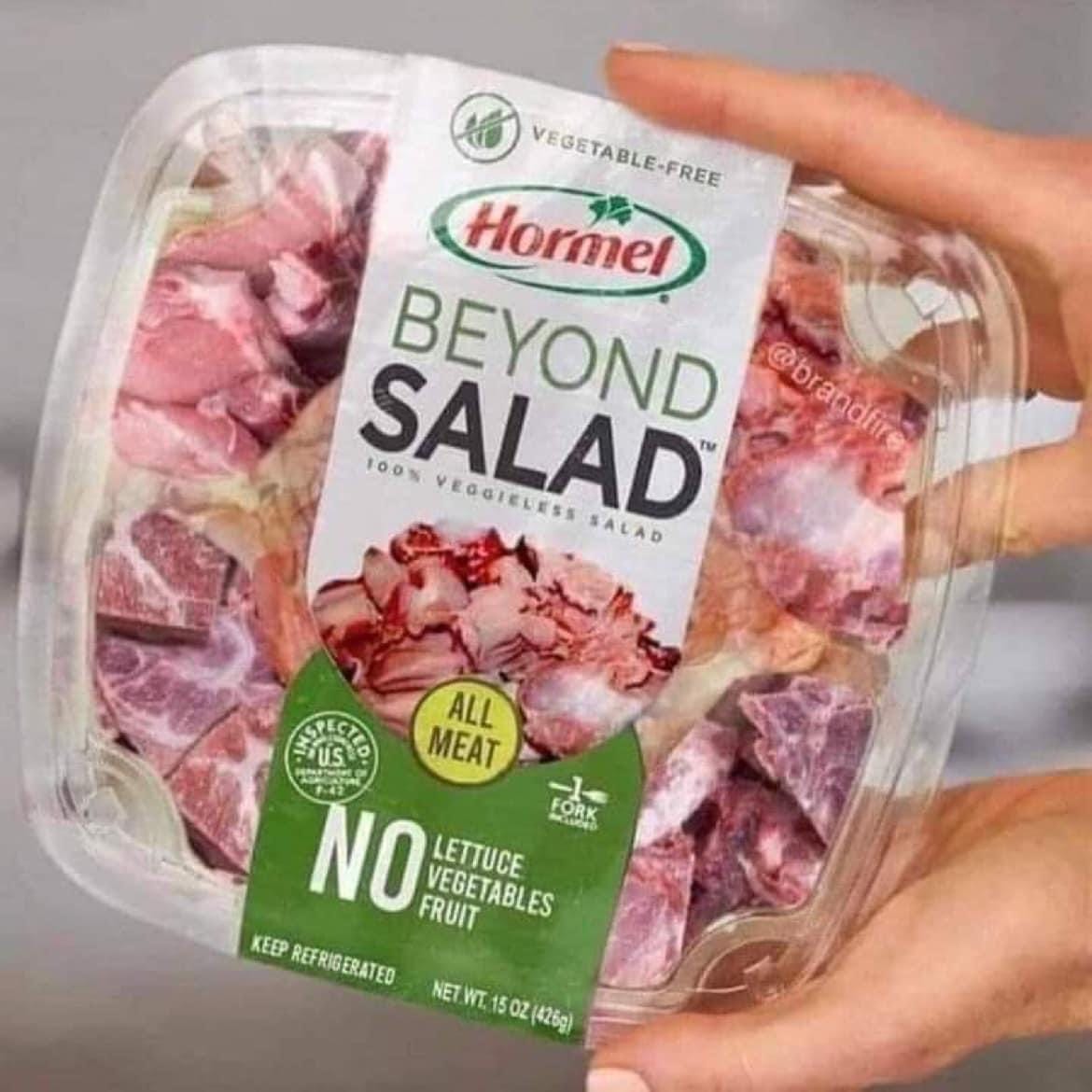 May be an image of text that says "VEGETABLE-FREE Hormel SALAD T™ BEYOND @brsnoin @brandfire randfir 100% VEGGIELESS SALAD ALL MEAT Ho NO FRUIT VEGETABLES LETTUCE FORK KEEP REFRIGERATED REFRIGERATED S 150Z 425g)"
