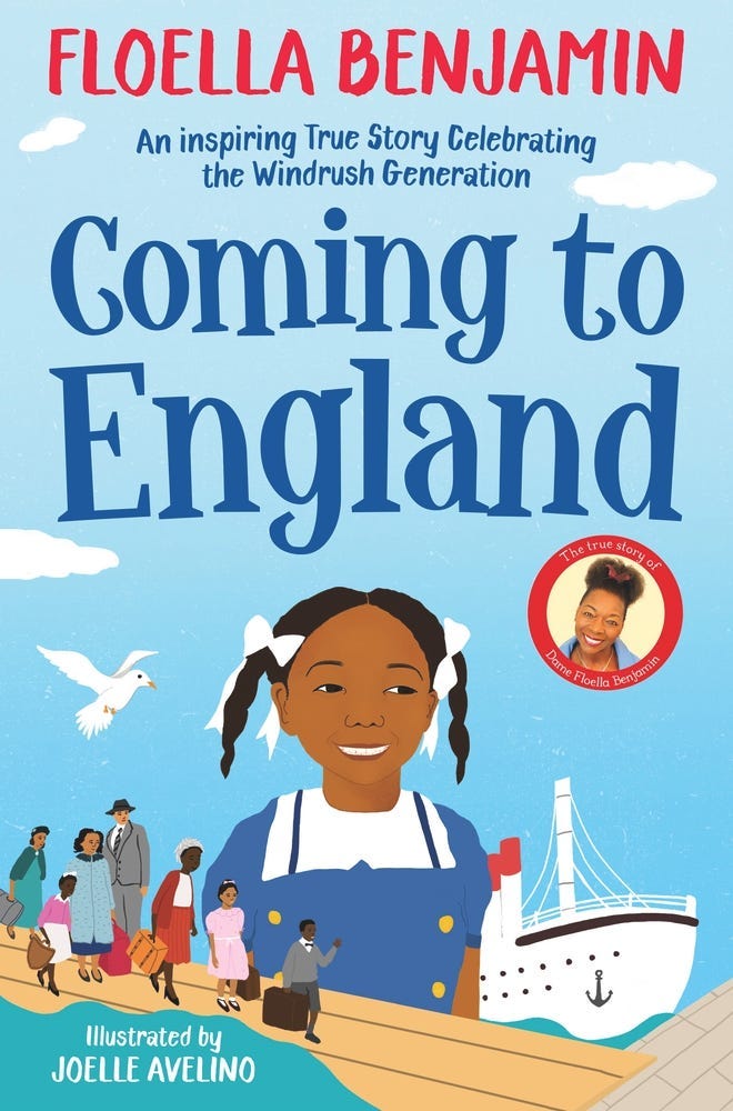 Illustrated cover w/ book title and young Black girl representing Floella centered, larger than rest of the scene and smiling with smaller images of a boat, family members walking across and background of a sky