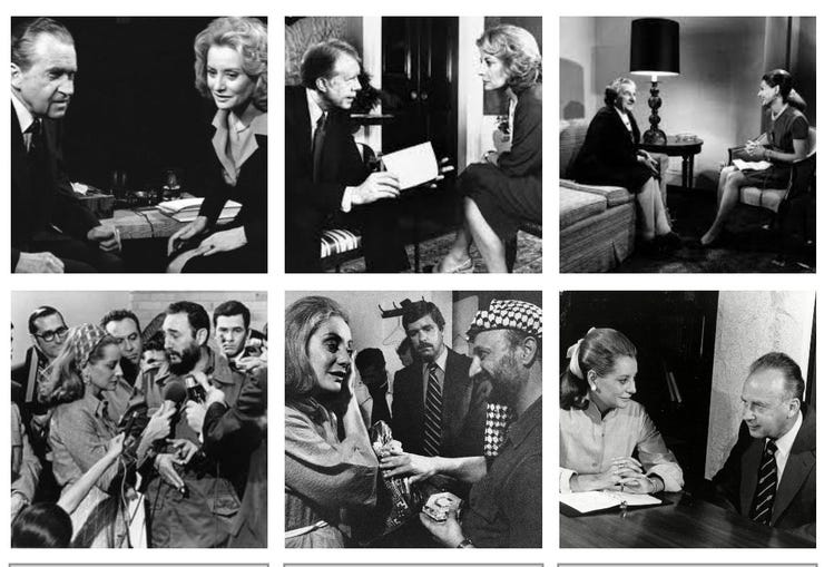 Left and across. With Nixon, Carter, Golda Meir, then Castro, Arafat, Rabin.