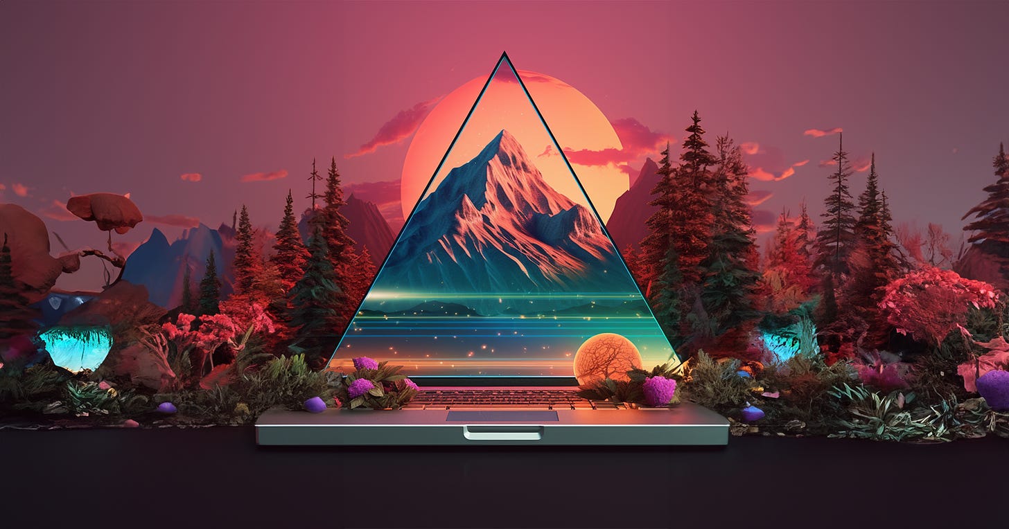 A laptop with a triangle shaped screen and a beautiful mountain background