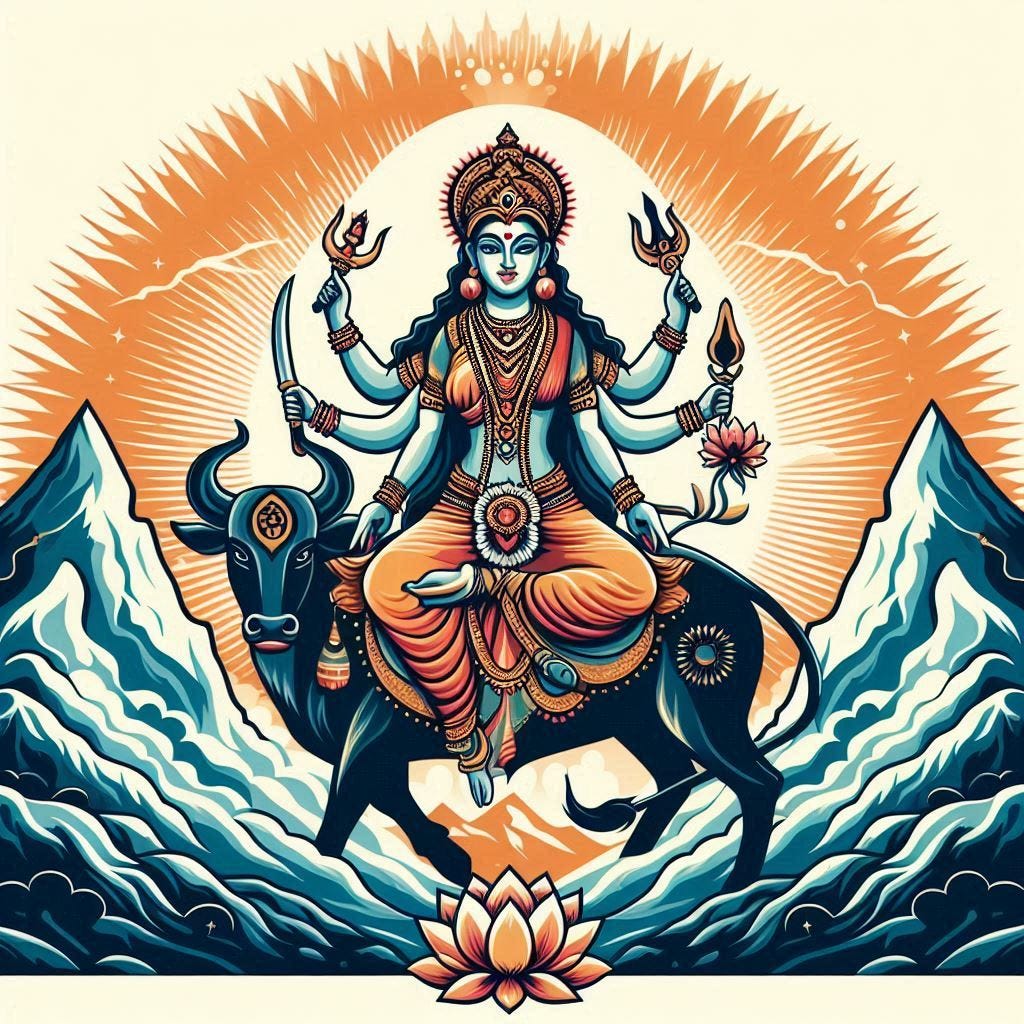 THe goddess of mountains, The mount of the goddess Shailputri is a bull and that is why she is also known as Vrisharudha. The goddess Shailputri is represented with both hands. She carries Trishul in her right hand and the lotus flower in her left hand.