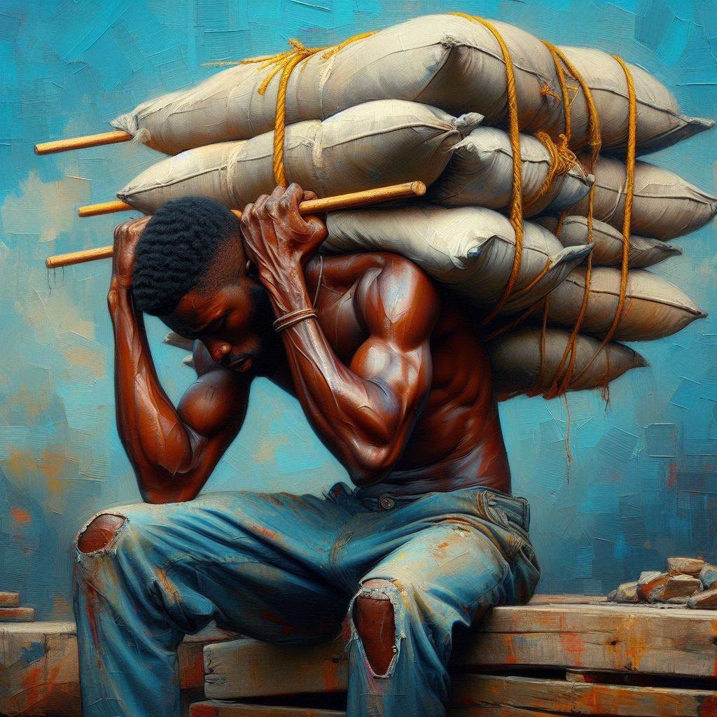 un jeune homme noire est épuisé par les fardeaux sur ces épaules, sytle peinture d'huile sur fond bleu